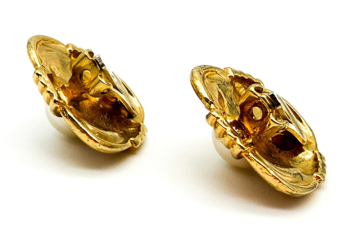 Vintage Gold Tone Faux Pearl Rhinestone Clip On Earrings Statement 1980s Retro