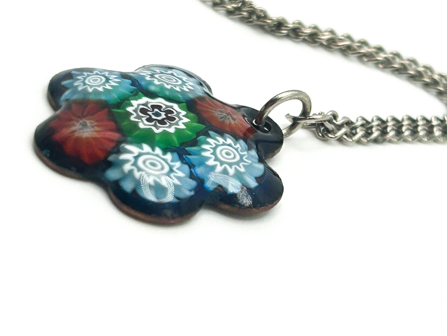 Vintage Floral Murano Glass Millefiori Flower Pendant Necklace - Spring Blue Red