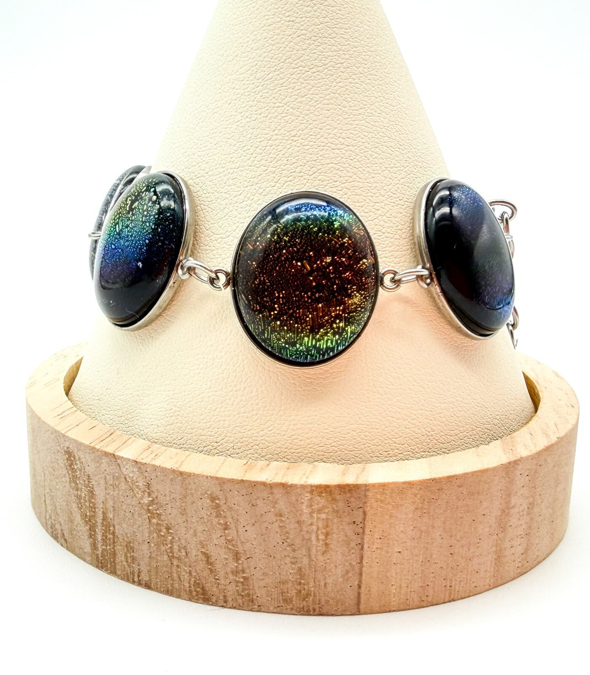 Dichroic Art Glass Panel Bracelet Silver Tone Colour-shifting Iridescent Rainbow