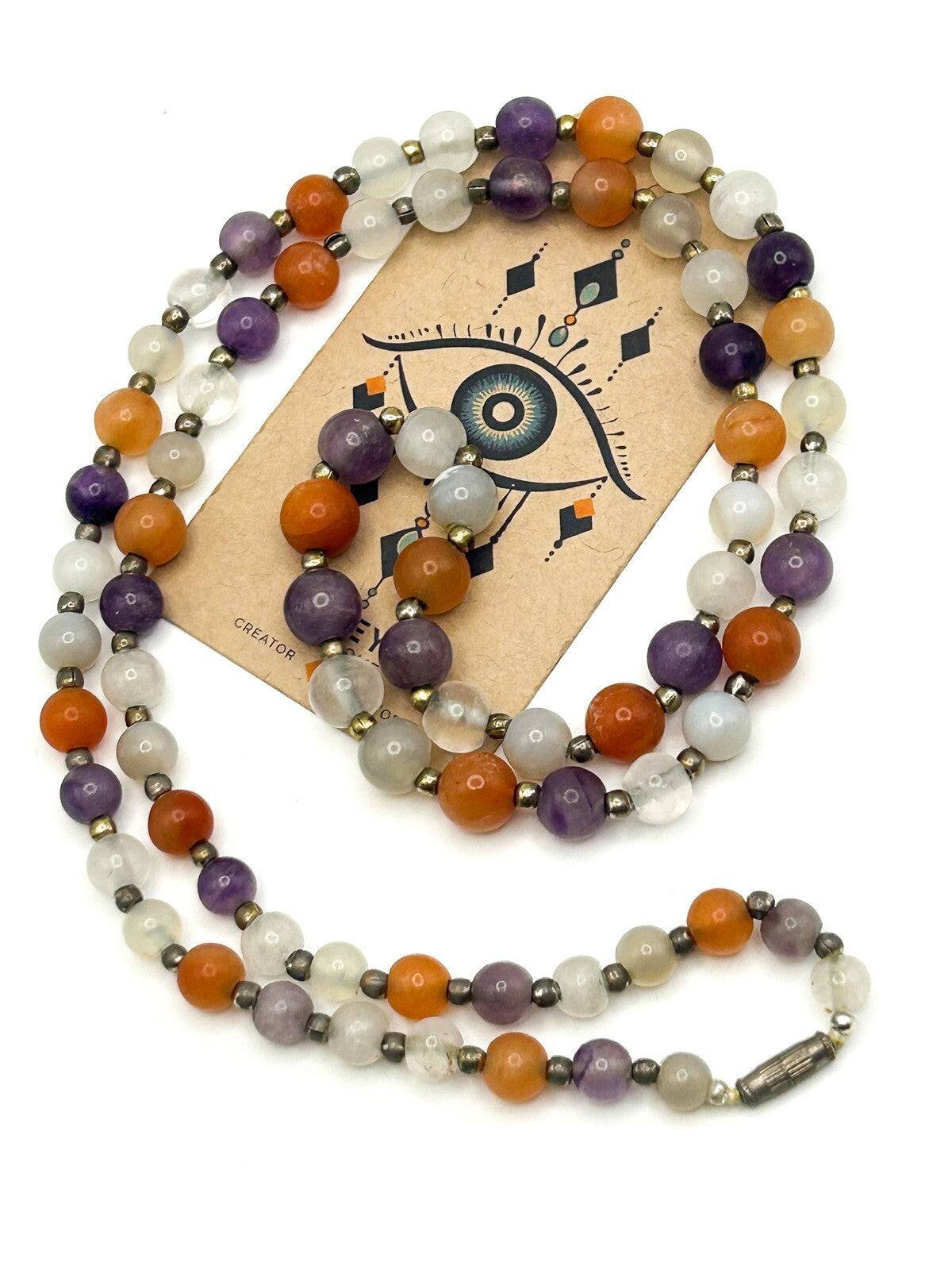 Vintage Carnelian, Amethyst & Quartz Gemstone Bead Necklace – 15” Orange Purple
