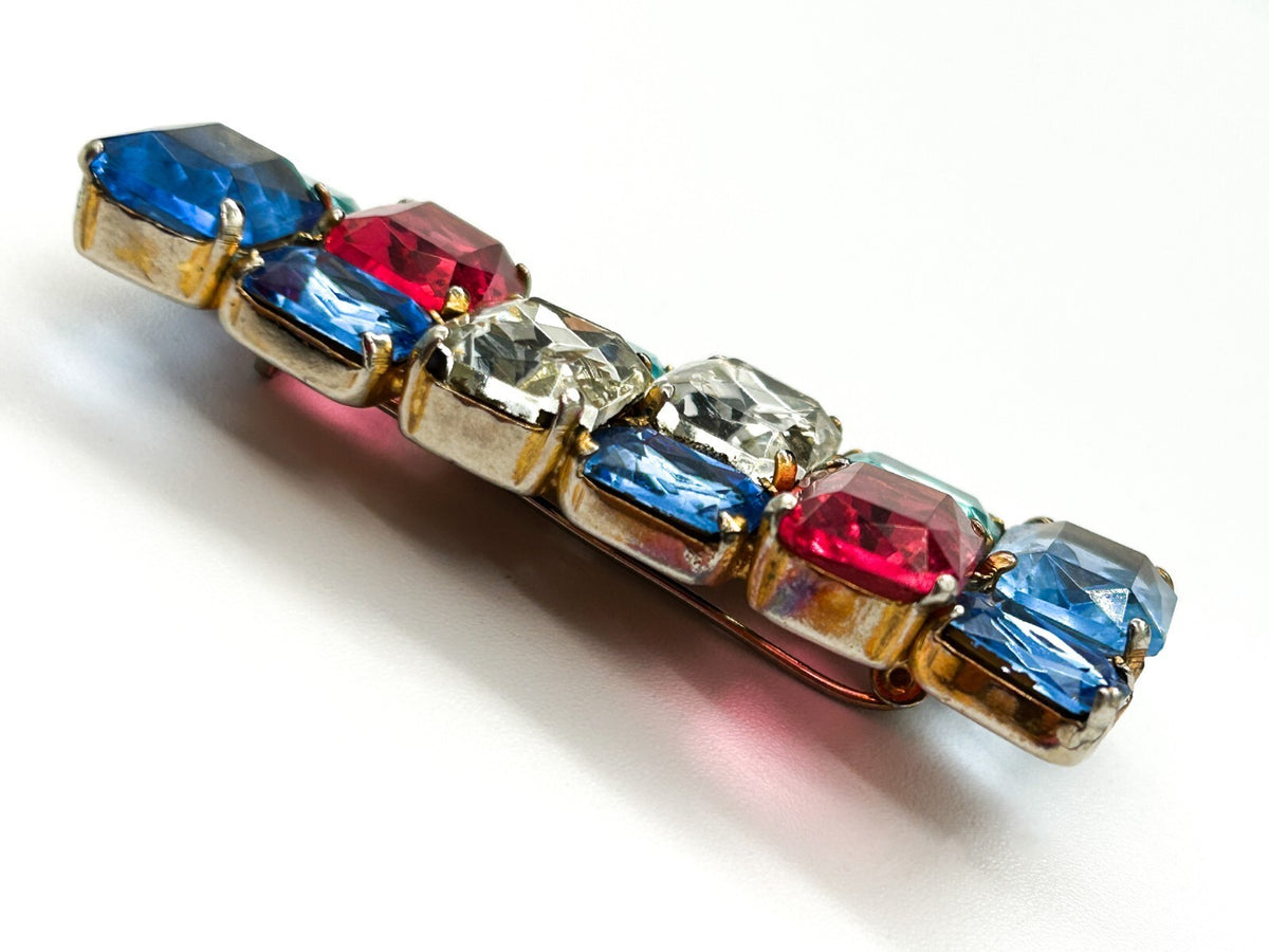 Antique Art Deco Czech Glass Rhinestone Bar Brooch Multicolour C Clasp 6cm