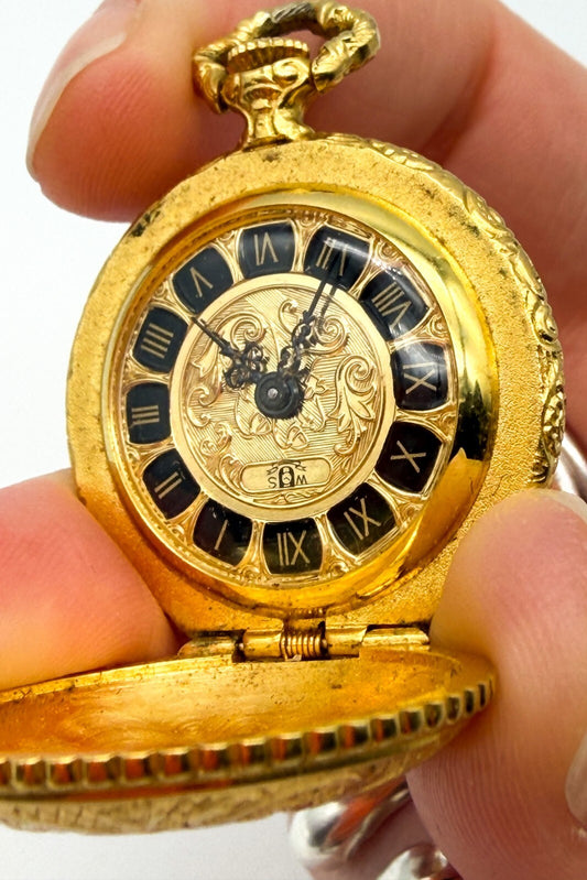 W&S Gold Tone Engraved Hunter-Style Pocket Watch Pendant Charm