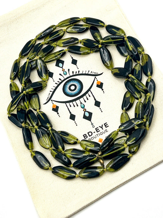 Olive Green & Black Gorgeous Glass Hand-Knotted Long Beaded Necklace