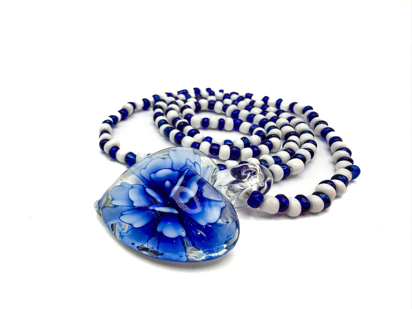 Vintage Blue & White Glass Beaded Necklace with Floral Art Glass Heart Pendant