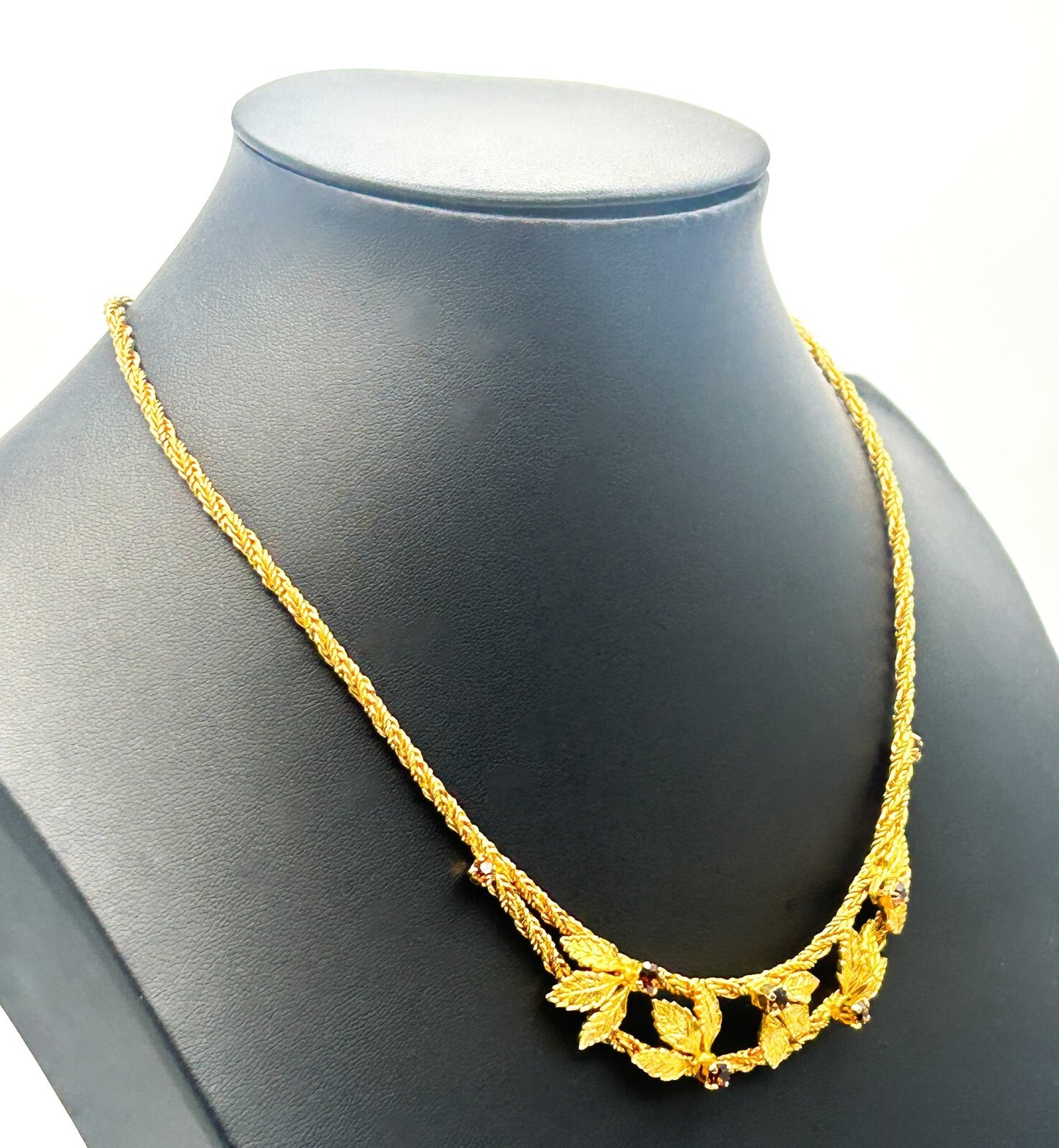 Pennino Gold Tone Leaf Statement Prong-set Faceted Garnet Stone Accent Necklace
