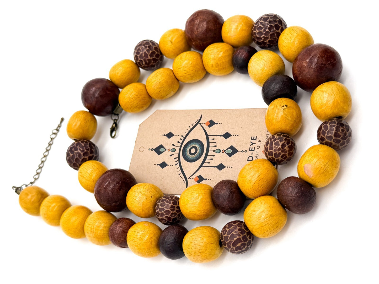 Long Wooden Bead Necklace Yellow Brown Natural Wood 30” Boho