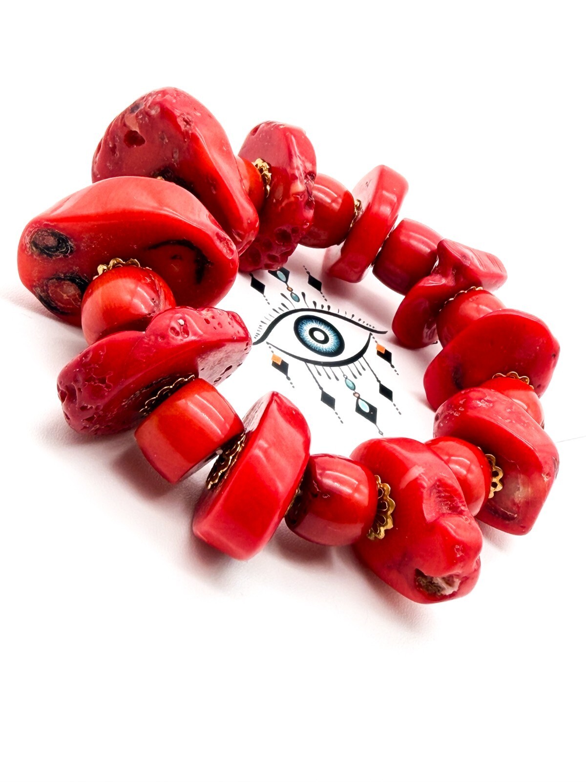 Chunky Red Coral Bracelet Elastic Stretch Statement Bracelet Gold Tone 103g