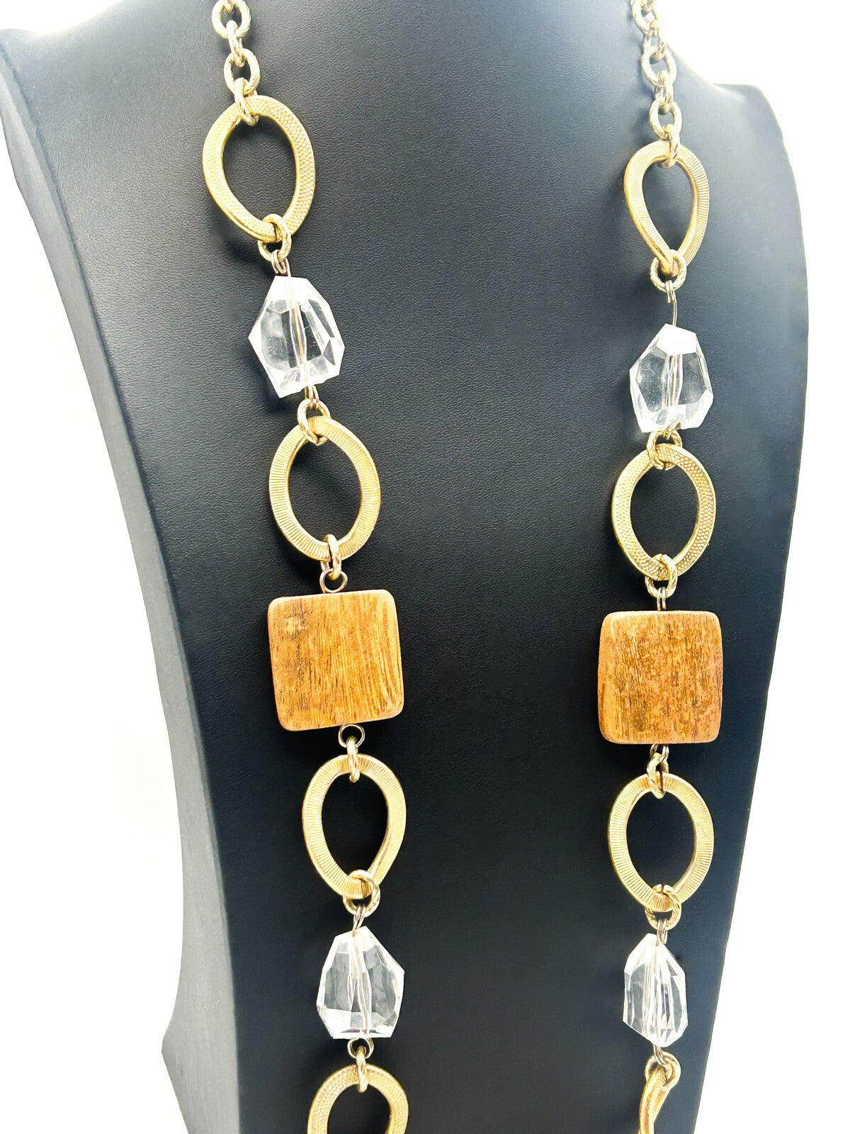 Long Linked Wood, Gold Tone & Clear Acrylic Statement Necklace