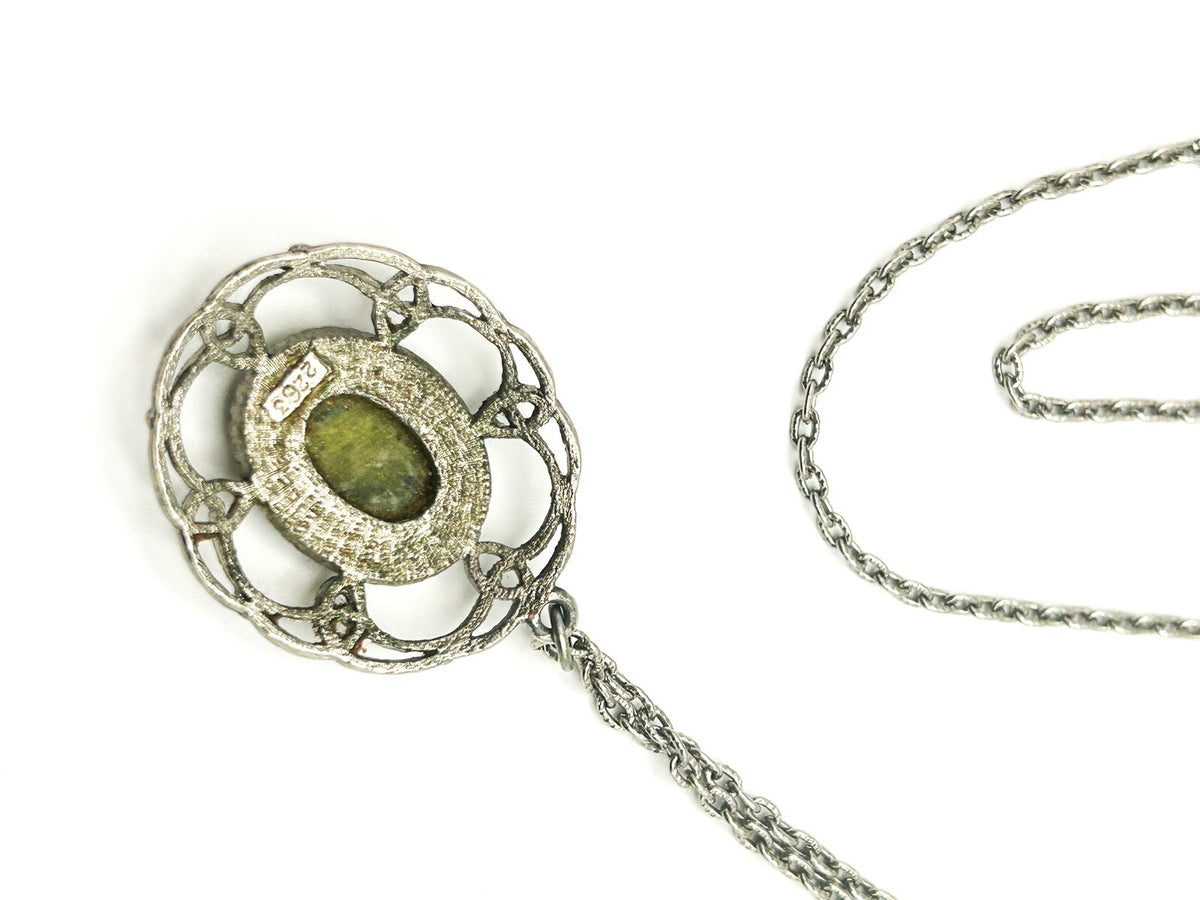 Vintage Silver Tone Openwork Pendant Necklace with Serpentine Cabochon