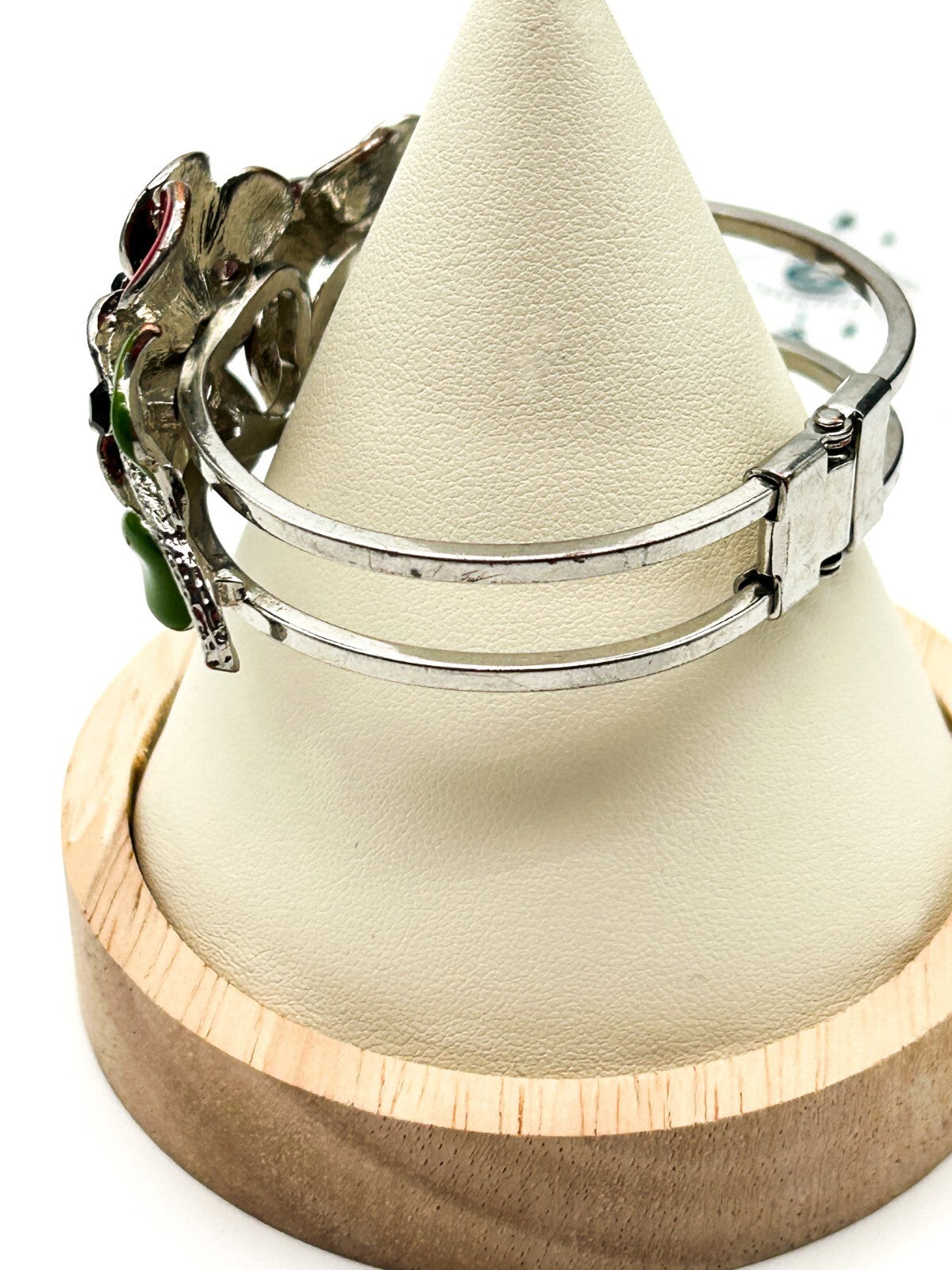 Retro Floral Enamel Bracelet Red Flower Snap Bangle Poppy Silver Tone Statement