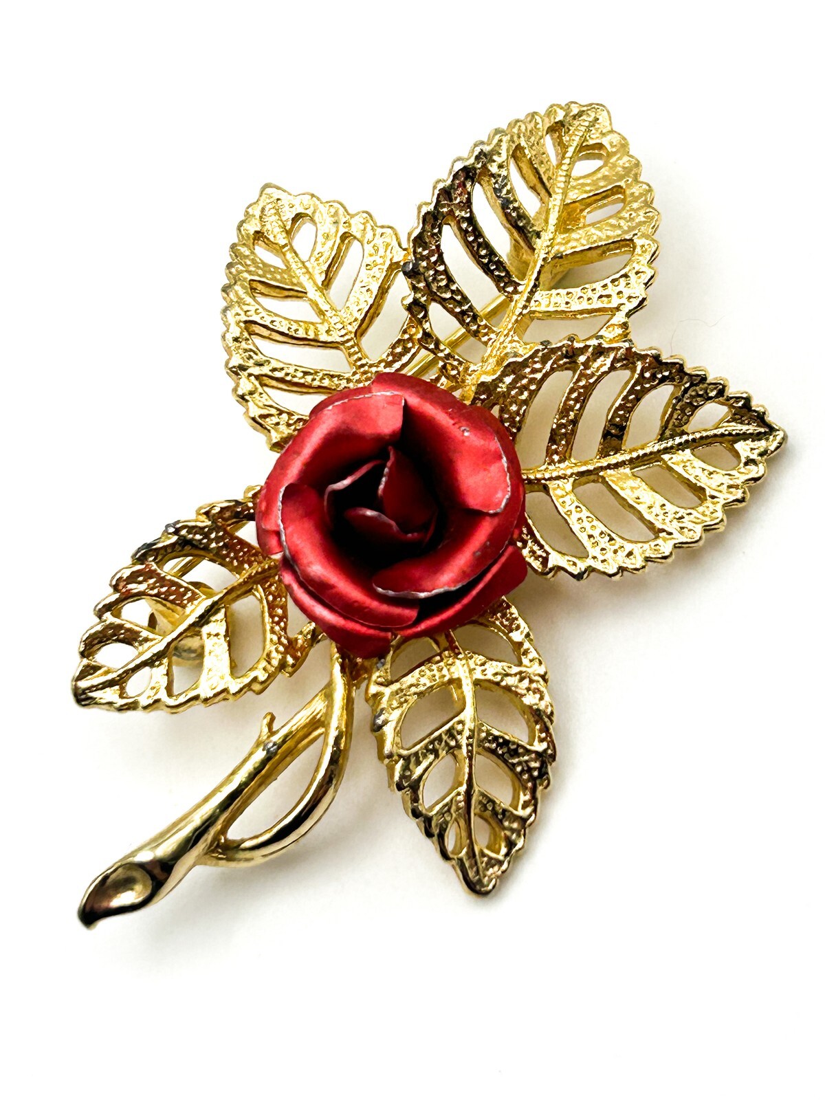 Gold Tone Red Enamel Rose Brooch with Openwork Leaf Design