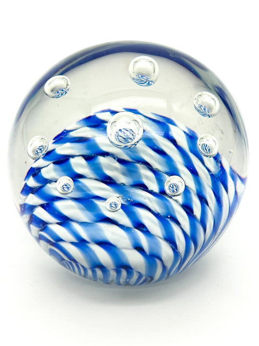 Vintage Blue White Stripes Bubbles Art Glass Paperweight Dome Controlled Bubbles