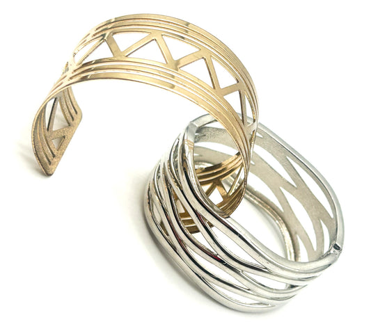 Modern Bangle Bundle Silver Tone Hinged Wavy Bangle Gold Tone Geometric Cuff