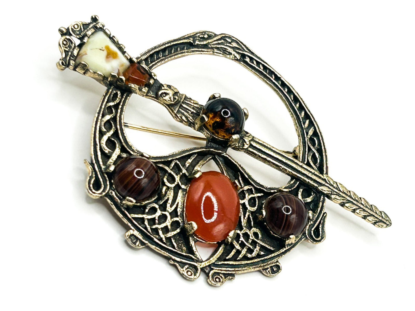 Miracle Celtic Brooch Vintage Faux Carnelian Agate Glass Penannular Cloak Pin