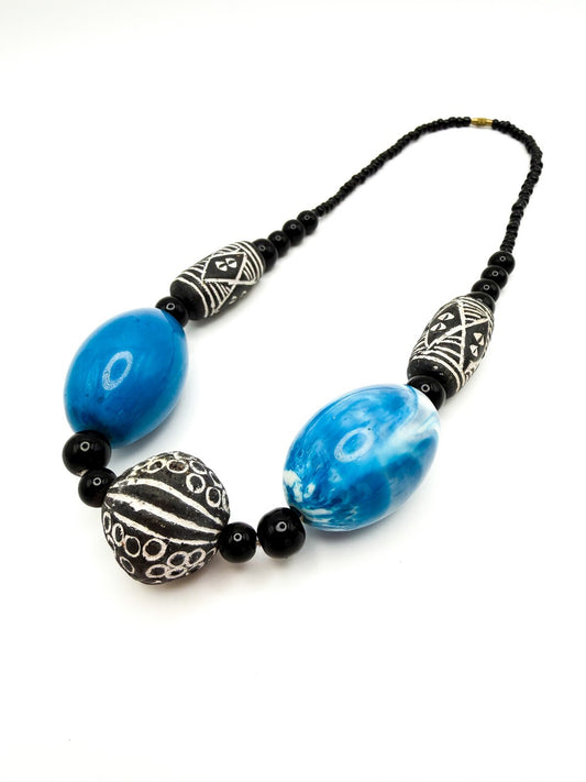 Chunky Vintage Carved Clay and Blue Marble-effect Swirl Beaded Necklace - 20"