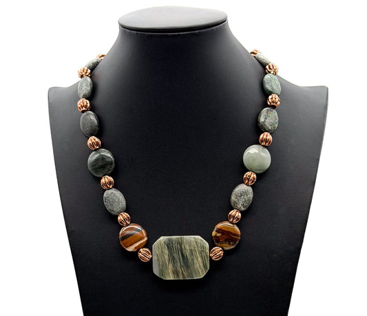 Boho Green Jasper Necklace Faceted Centrepiece Mixed Bead Statement