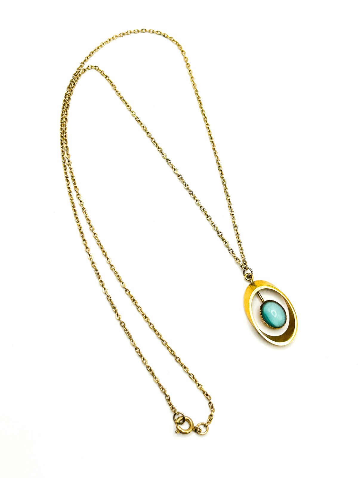 Gold Tone Openwork Oval Pendant Necklace with Turquoise Cats Eye Cabochon