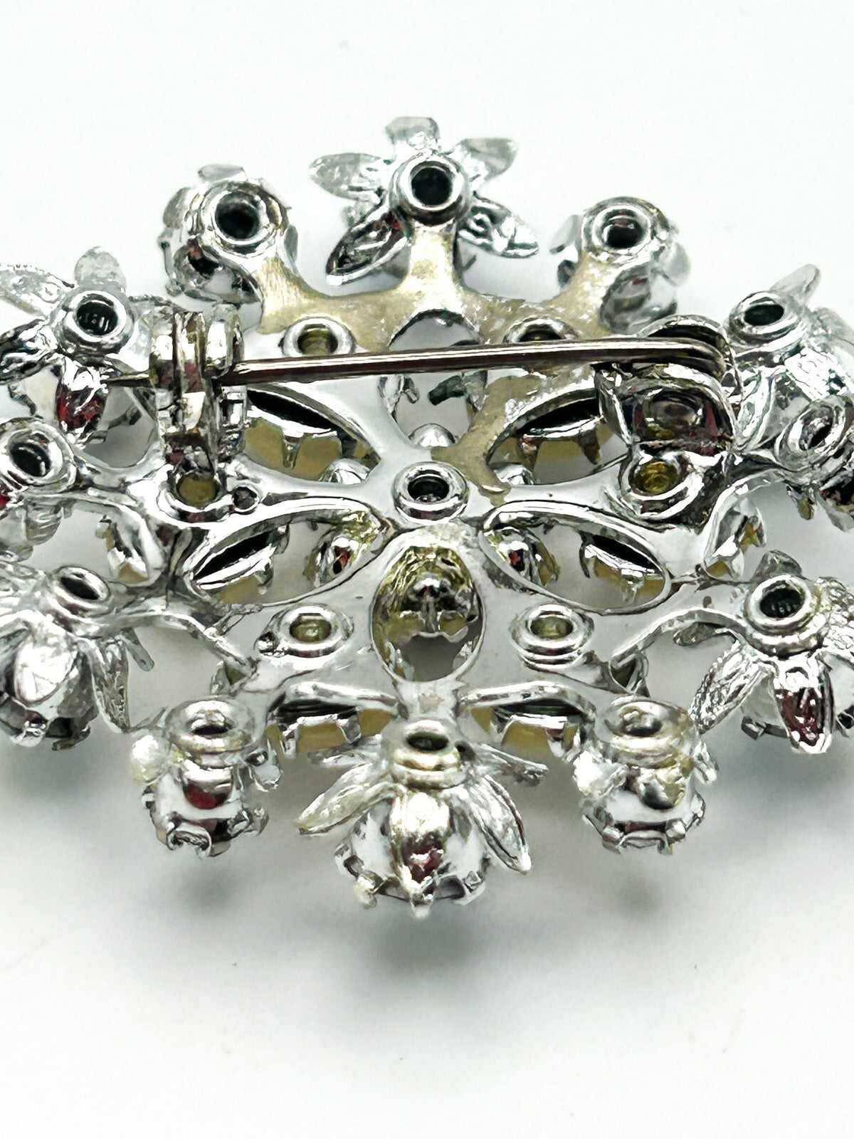 AB Rhinestone Cluster Brooch Mother of Pearl Silver Tone Pin