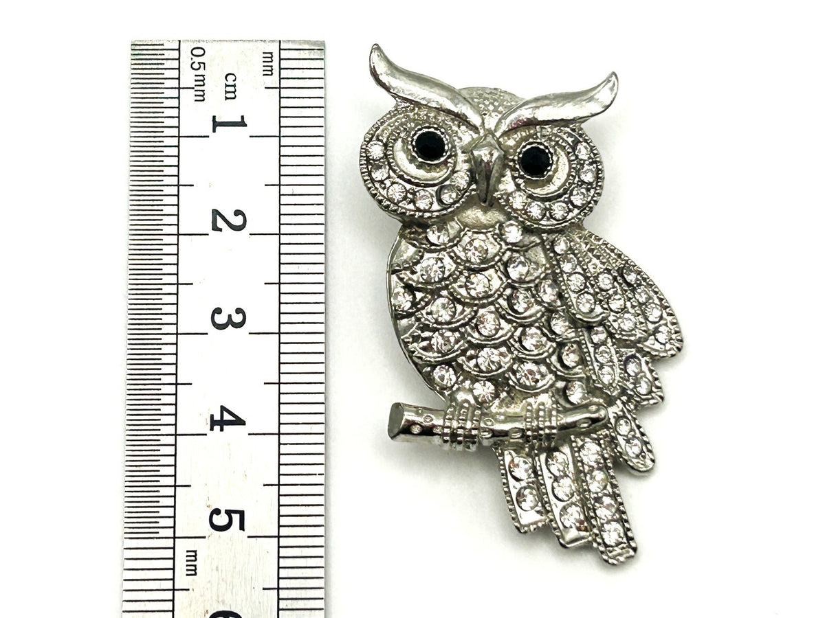 Vintage Rhinestone Owl Brooch Silver Tone Bird Pin Pavé Crystal Animal Jewellery