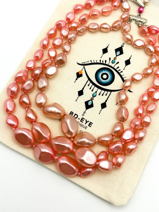 Pink Multi Strand Glass Bead Necklace Faux Pearl Graduated Retro Statement