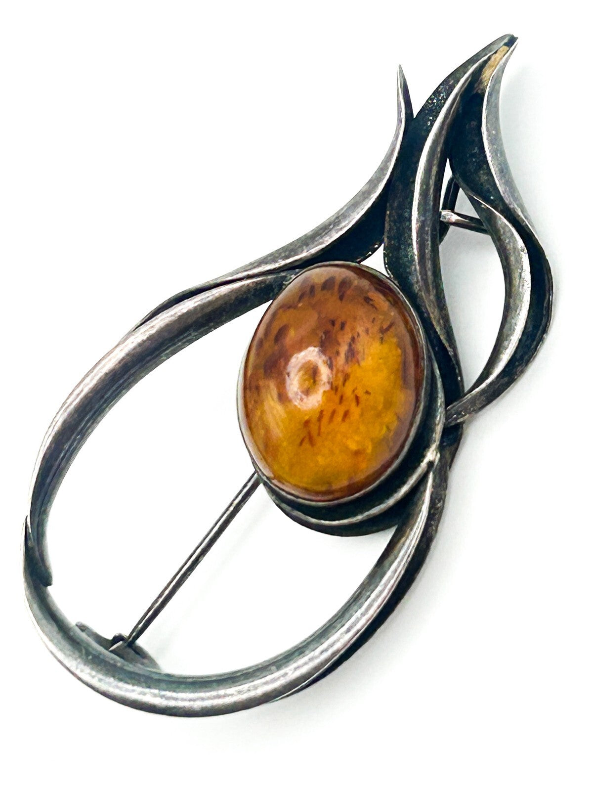 Vintage Baltic Amber 925 Sterling Silver Mid-Century Modernist Brooch Marked MG