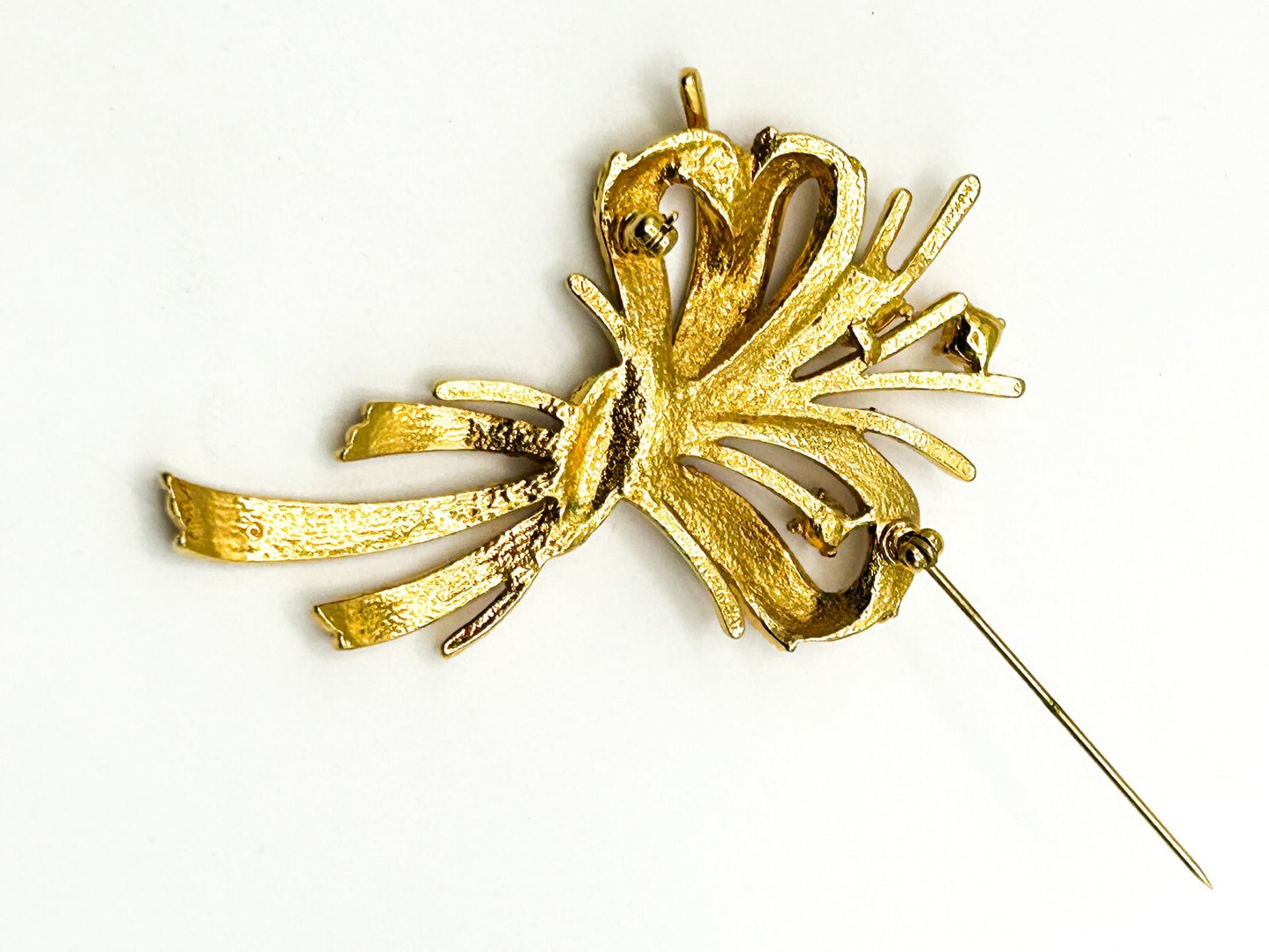 Vintage Gold Tone Ribbon Bow & Bouquet Rhinestone Brooch – 7cm