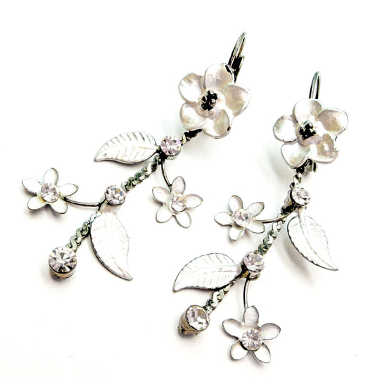 Y2K Floral Drop Earrings Silver Enamel Rhinestone Gunmetal Chain