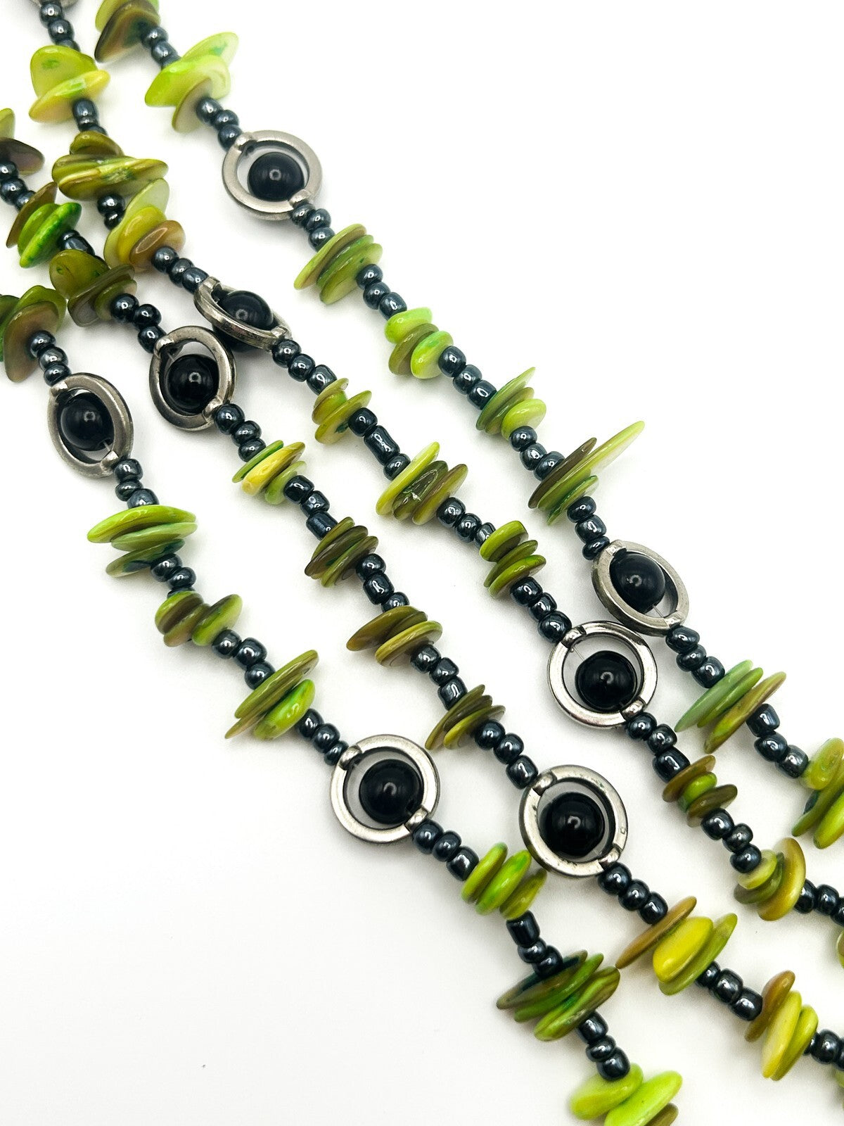 Y2K VTG Dyed Green Shell Chip Necklace - Black Bead and Silver Tone Hoop Detail