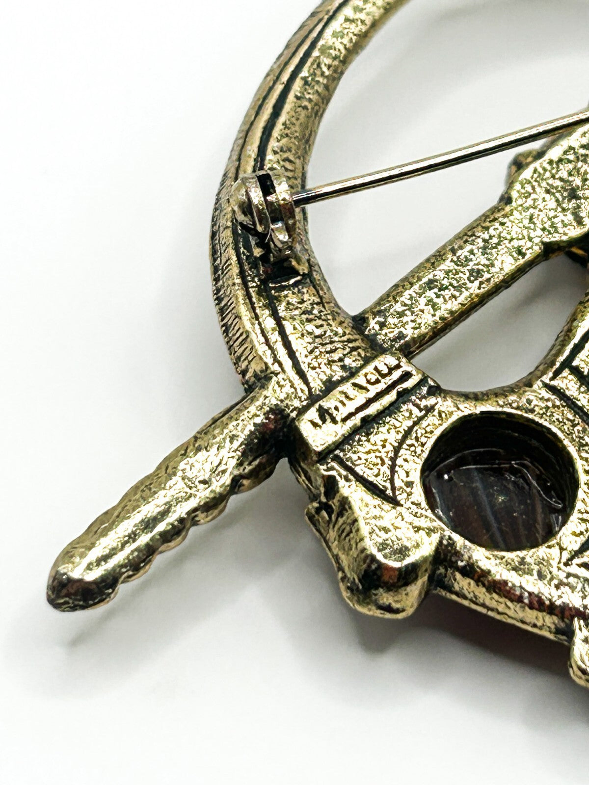 Miracle Celtic Brooch Vintage Faux Carnelian Agate Glass Penannular Cloak Pin