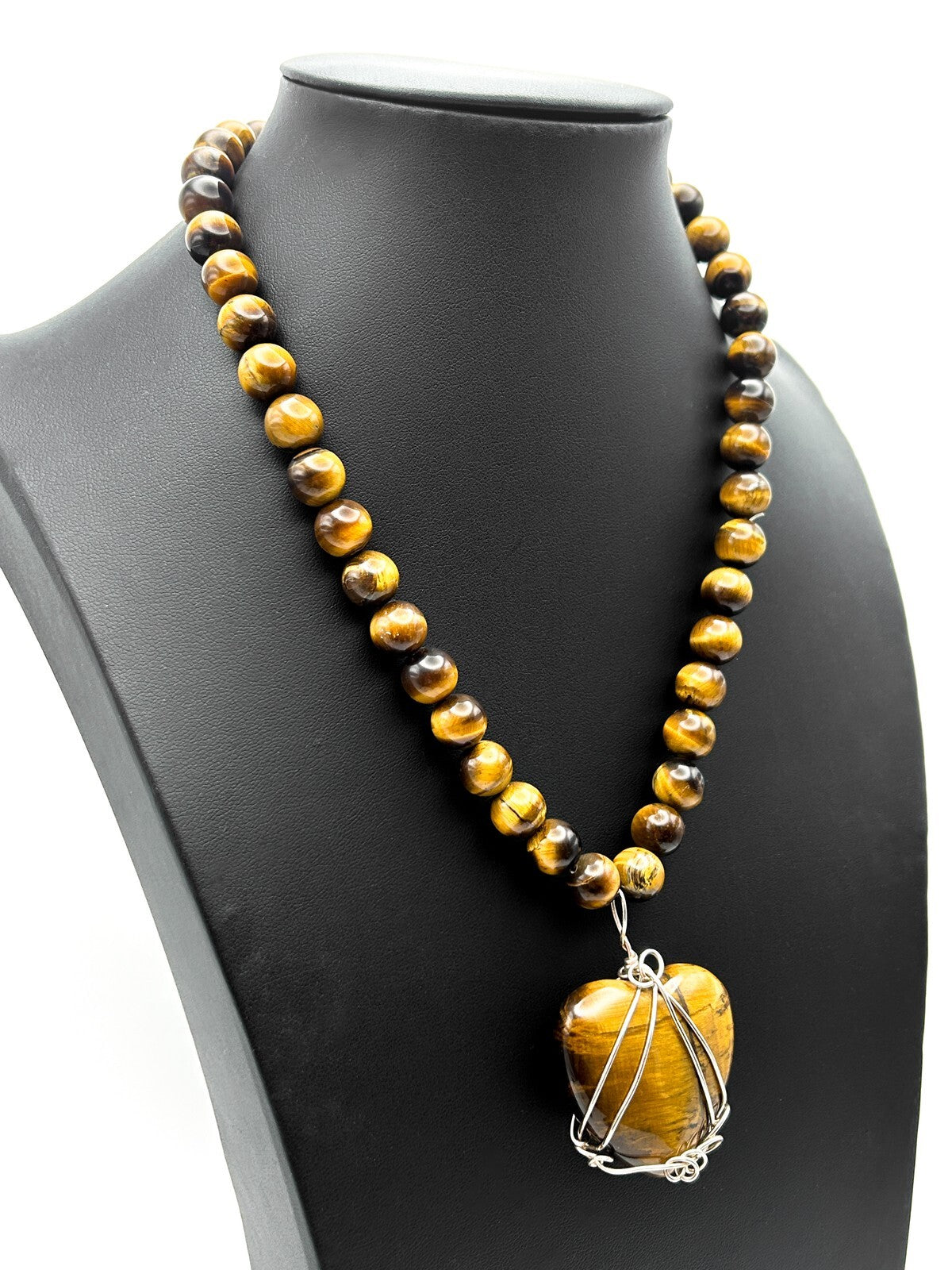Tiger Eye Beaded Necklace Heart Pendant 925 Silver Clasp Wire Wrapped 17.5”