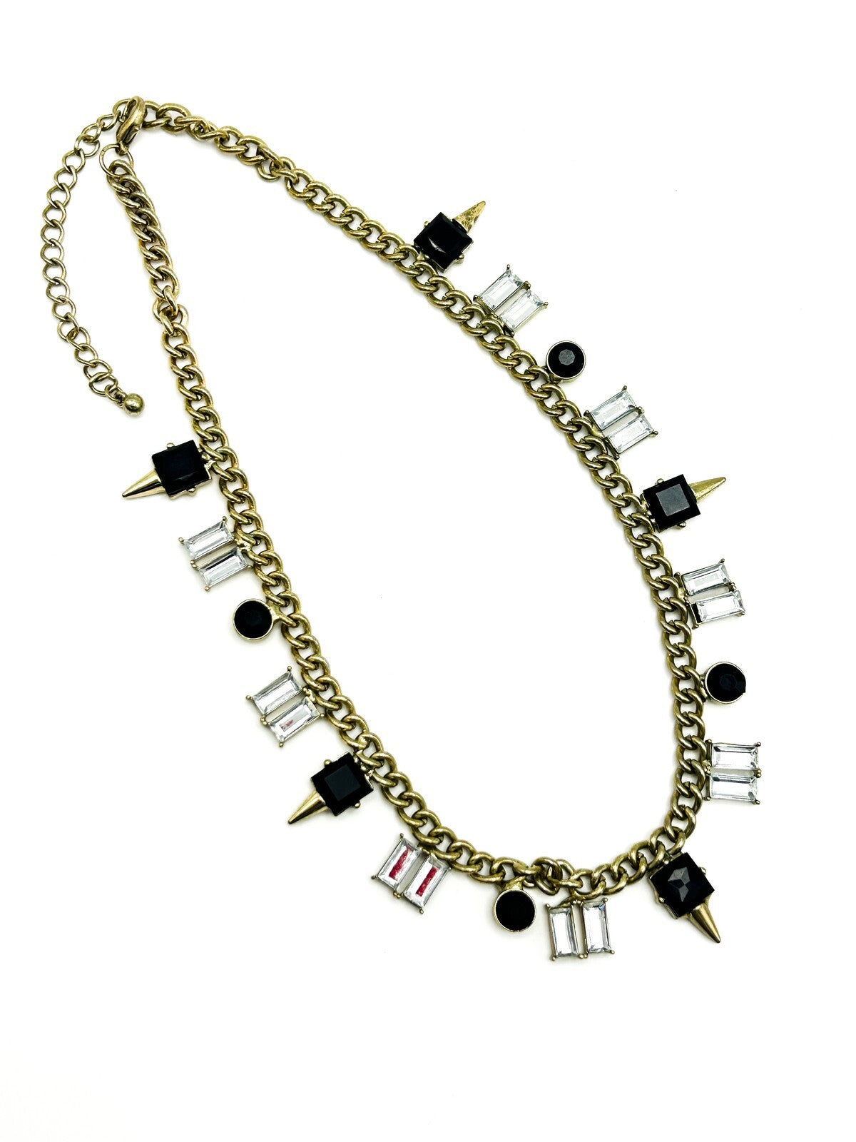 Gold Tone Curb Chain Necklace Black Clear Rhinestone Drop Charms Geometric 19”