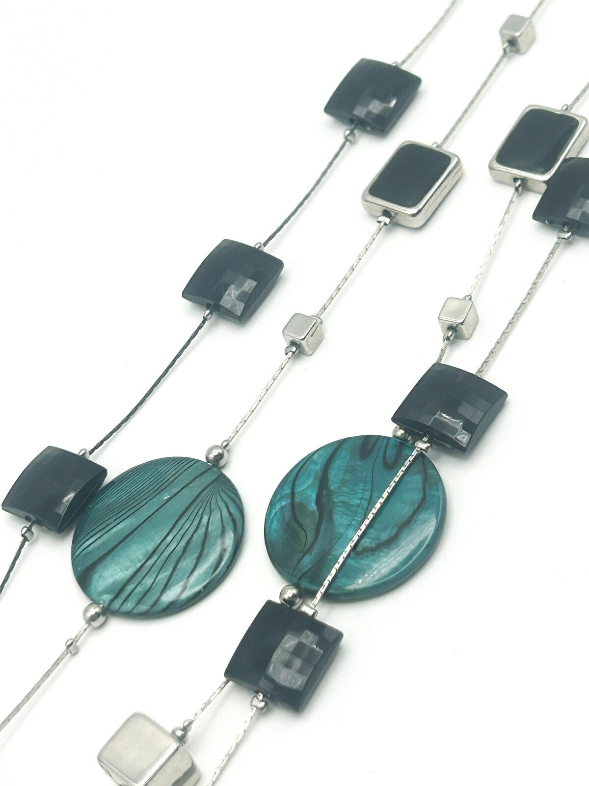 Vintage M&S Teal  Black Disc and Black and Silver Tone 2-layer Cube Necklace