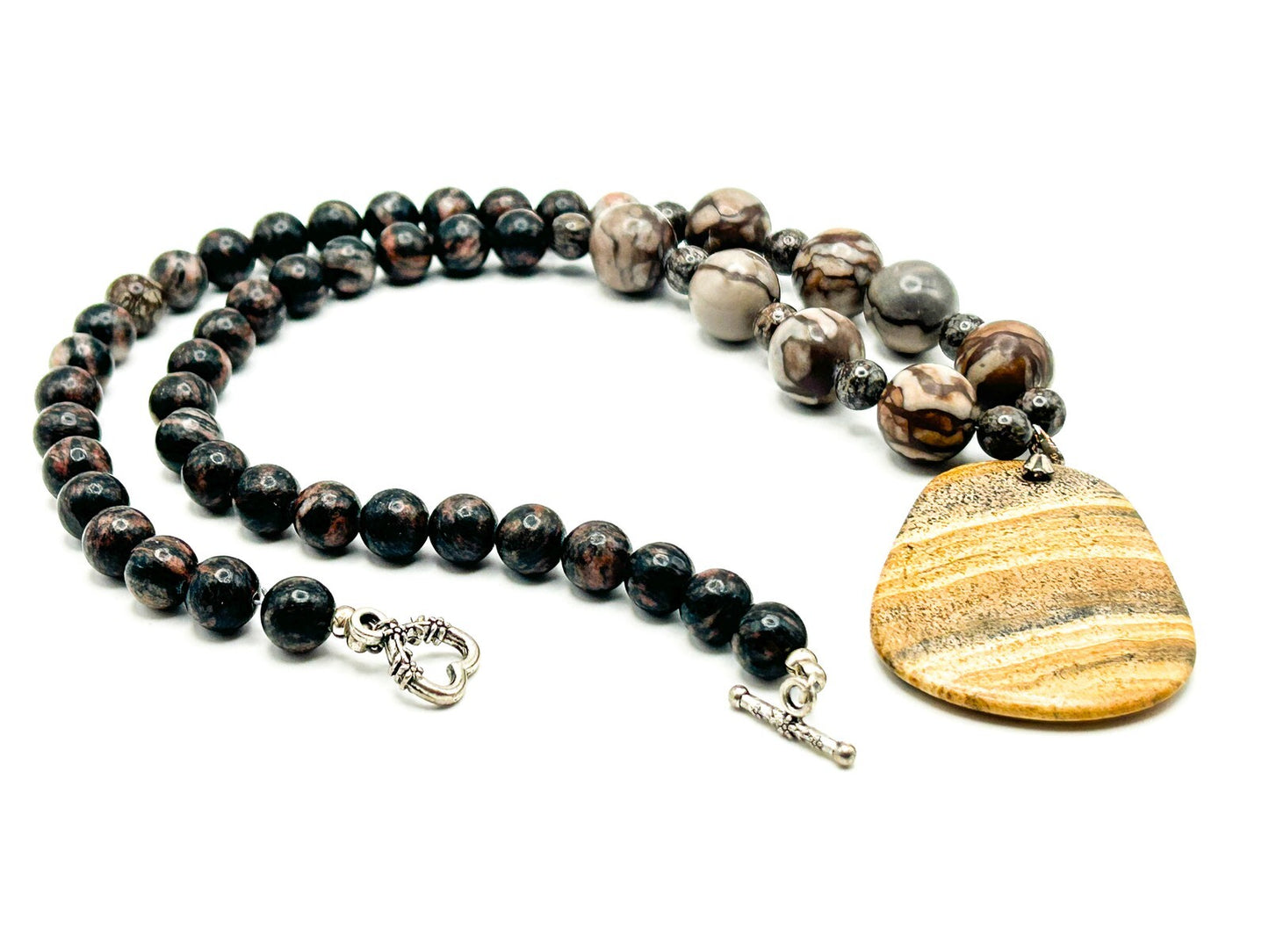 Picture Jasper Pendant Necklace – 925 Sterling Silver Bale – 26” Gemstone Boho