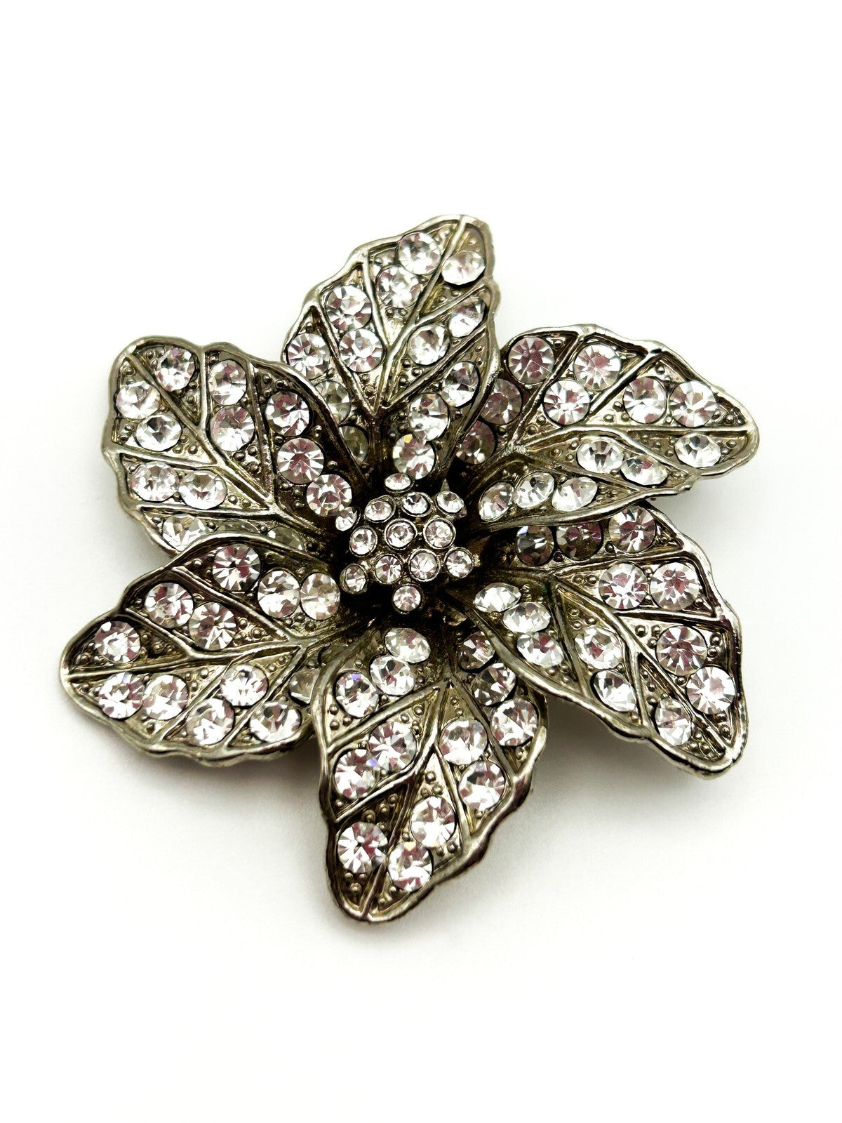 Vintage Brooch Silver Tone Rhinestone Diamanté Flower Statement Brooch 80s