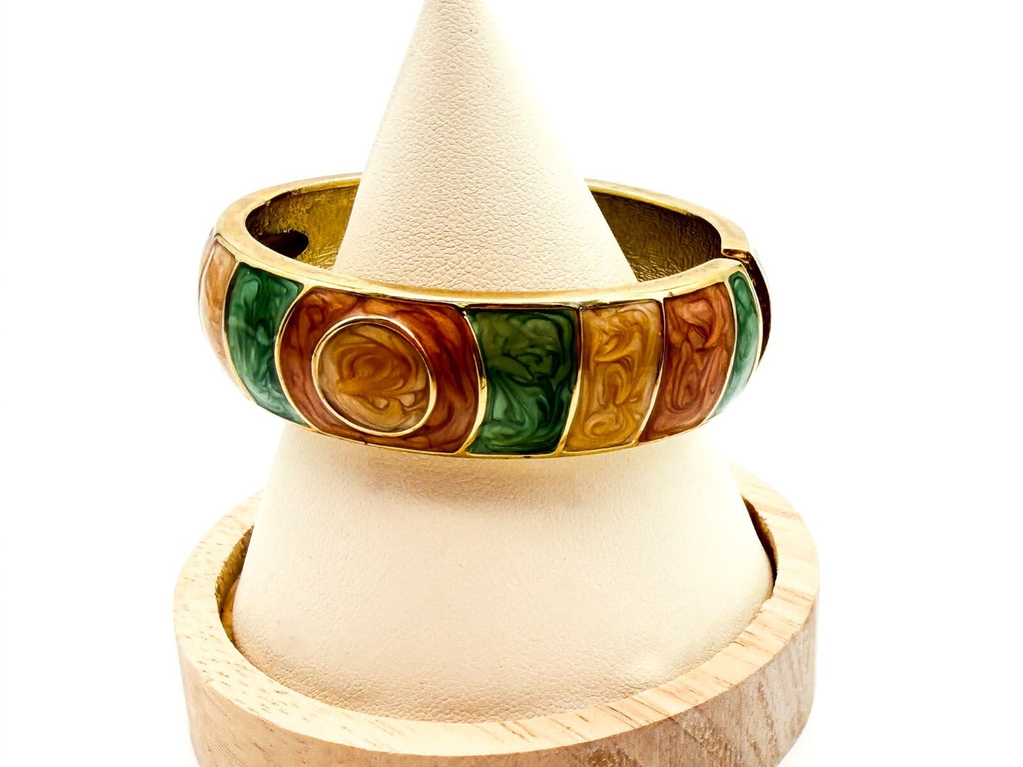 Y2K Enamel Stripe Hinged Bangle Bracelet in Green, Peach & Champagne Gold Tone