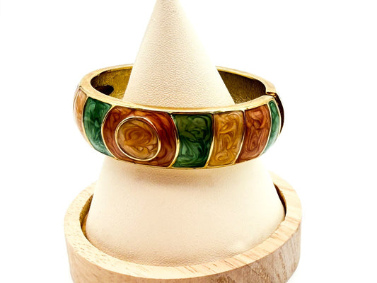 Y2K Enamel Stripe Hinged Bangle Bracelet in Green, Peach & Champagne Gold Tone