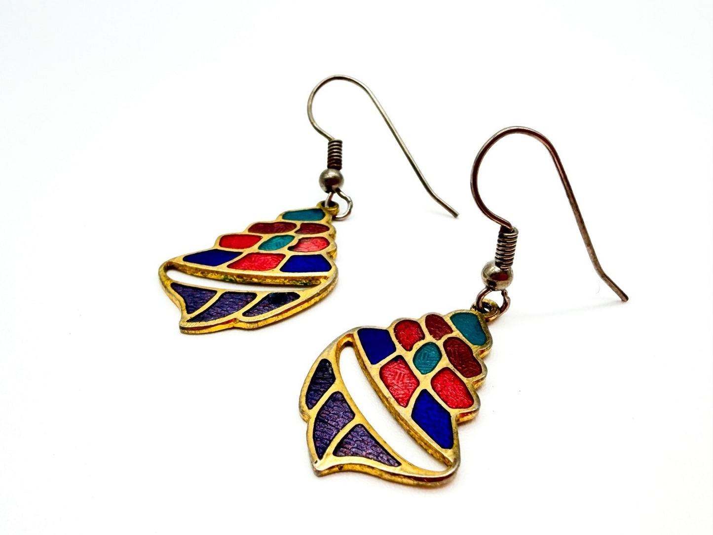 Vintage Cloisonné Enamel Shell Earrings Colourful Gold Tone Retro Multicolour