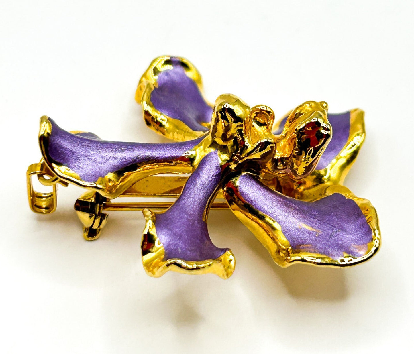 Vintage Purple Enamel Orchid Brooch 22K Gold Plated Floral Flower Jewellery