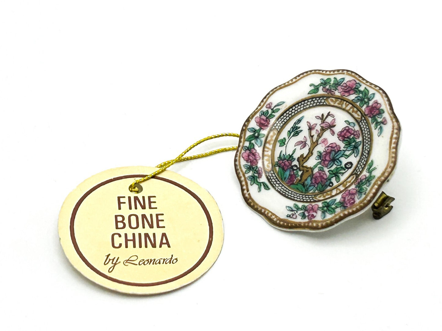 Vintage Coalport Fine Bone China Floral Plate Brooch Miniature Gold Tone England
