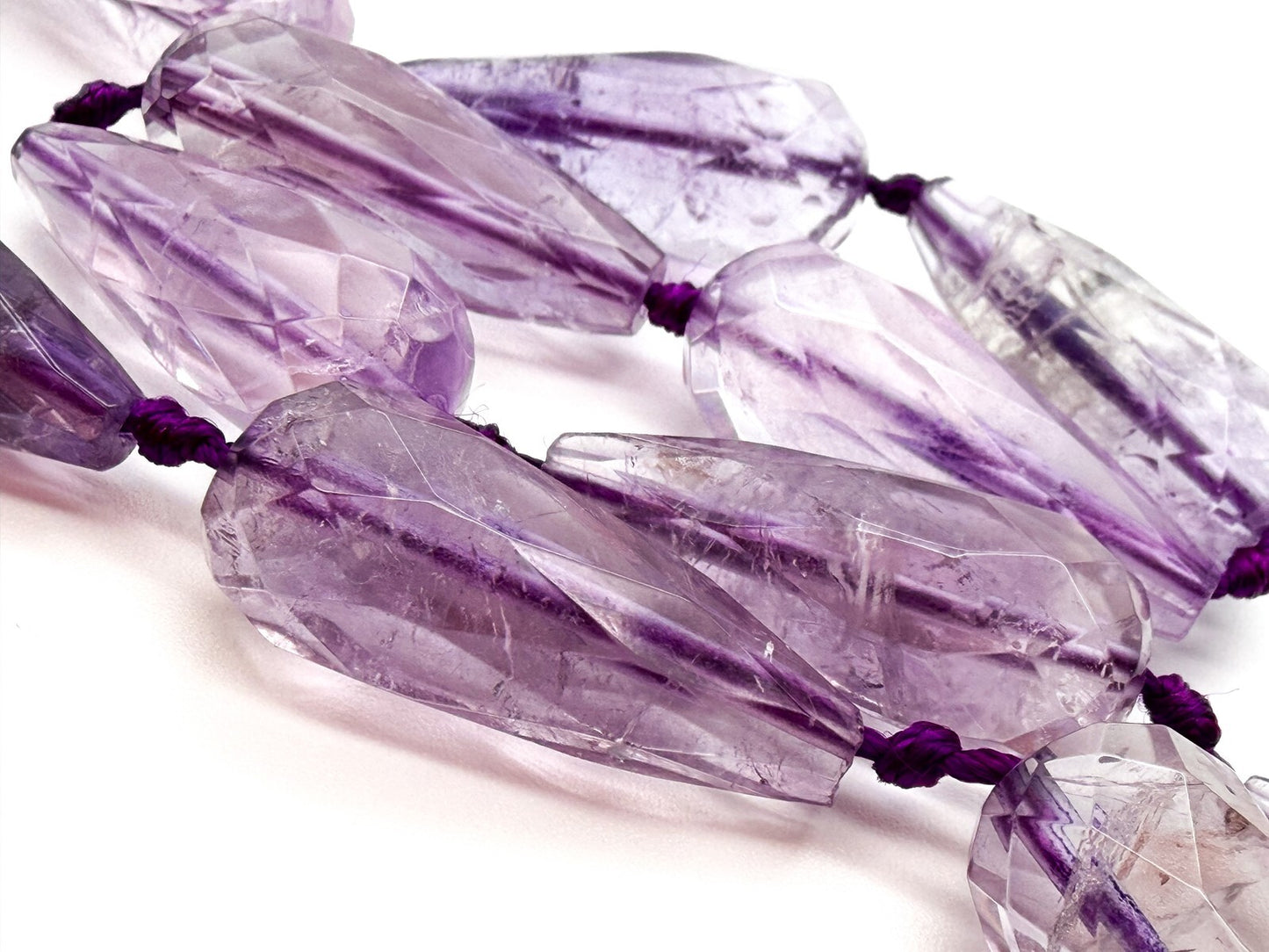 Amethyst Teardrop Necklace Faceted Beads Hand Knotted 18” Statement - Purple