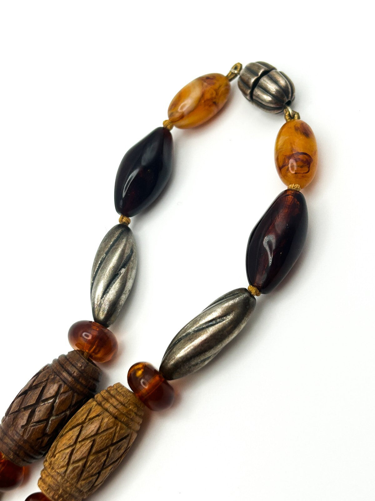 Vintage Graduated Wood & Faux Amber Beaded Statement Necklace
