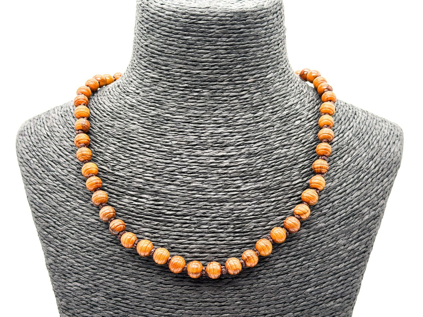 Vintage Faux Wood Acrylic Beaded Necklace Hand Knotted Boho Retro Jewellery