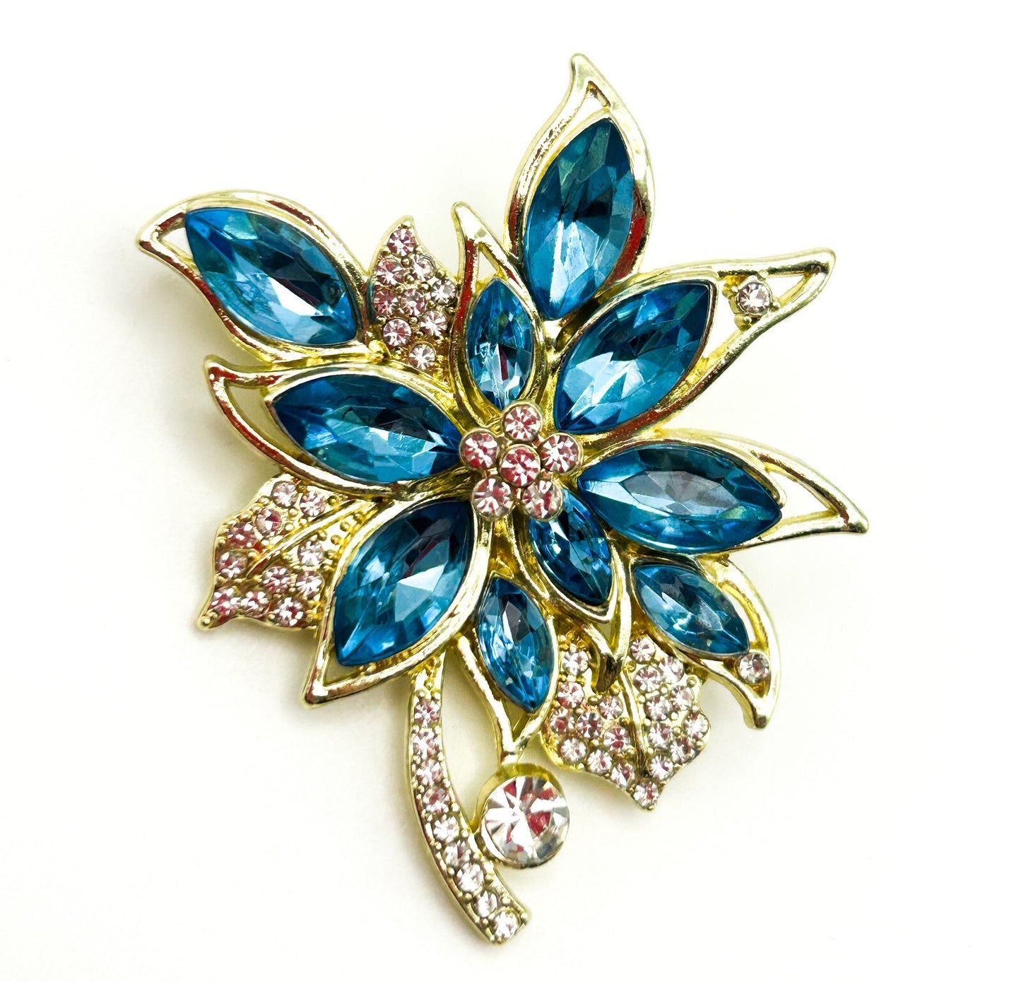 Blue Rhinestone Floral Brooch Bouquet Gold Tone Marquise Crystal Flower Pin