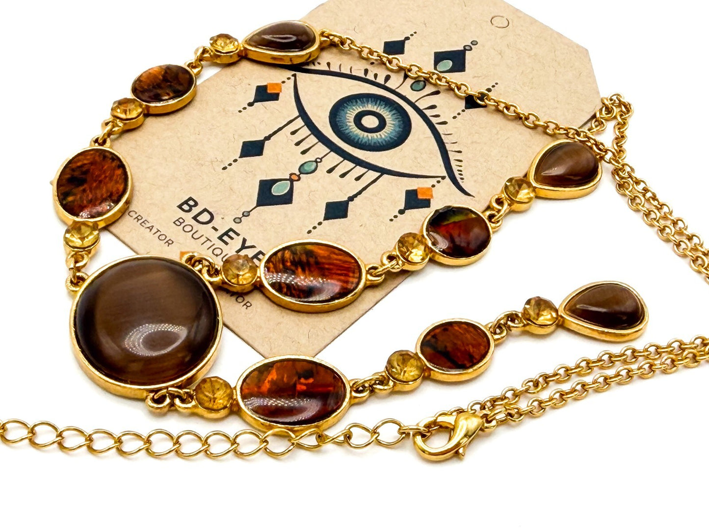 Gold Tone Y-Drop Necklace with Brown Cat’s Eye & Iridescent Orange Cabochons