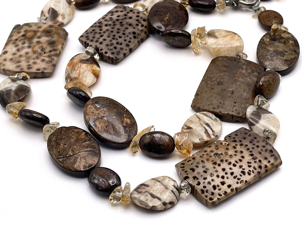 Petrified Palm Wood & Mixed Stone Statement Necklace – 30" 123g Boho Gemstone