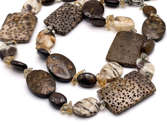 Petrified Palm Wood & Mixed Stone Statement Necklace – 30" 123g Boho Gemstone