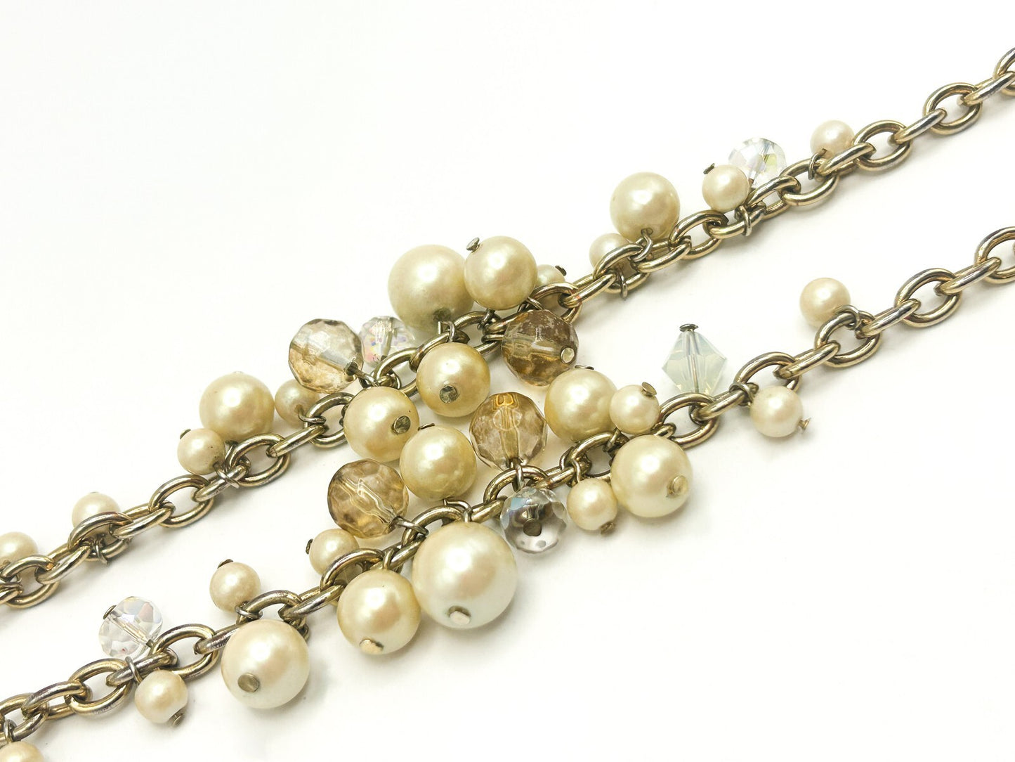 Carolee Gold Tone Faux Pearl Cluster Necklace Long Chain AB Crystal 33” Signed