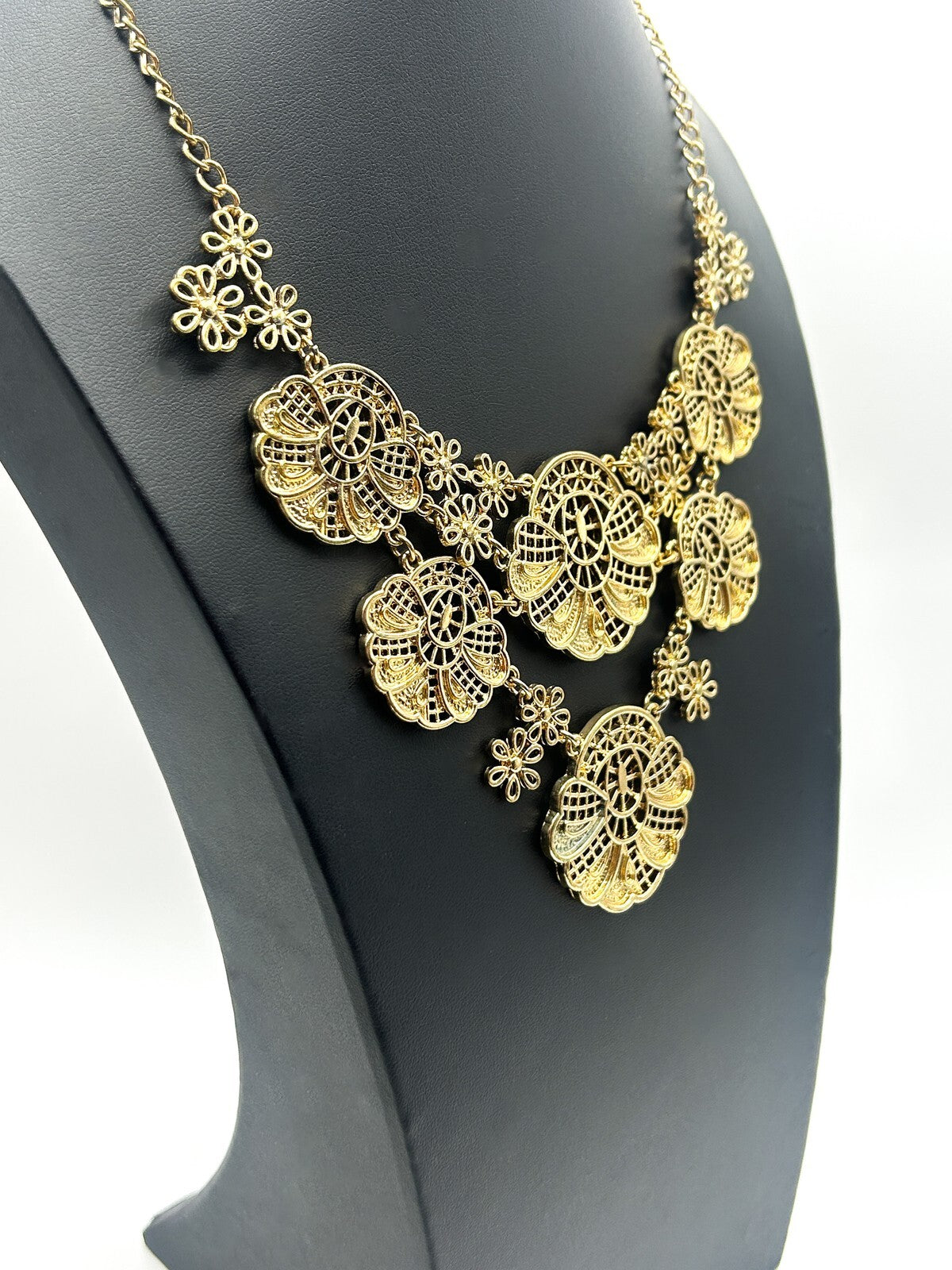 Gold Tone Filigree Bib Necklace Statement Articulated Panels Ornate Festival 17.