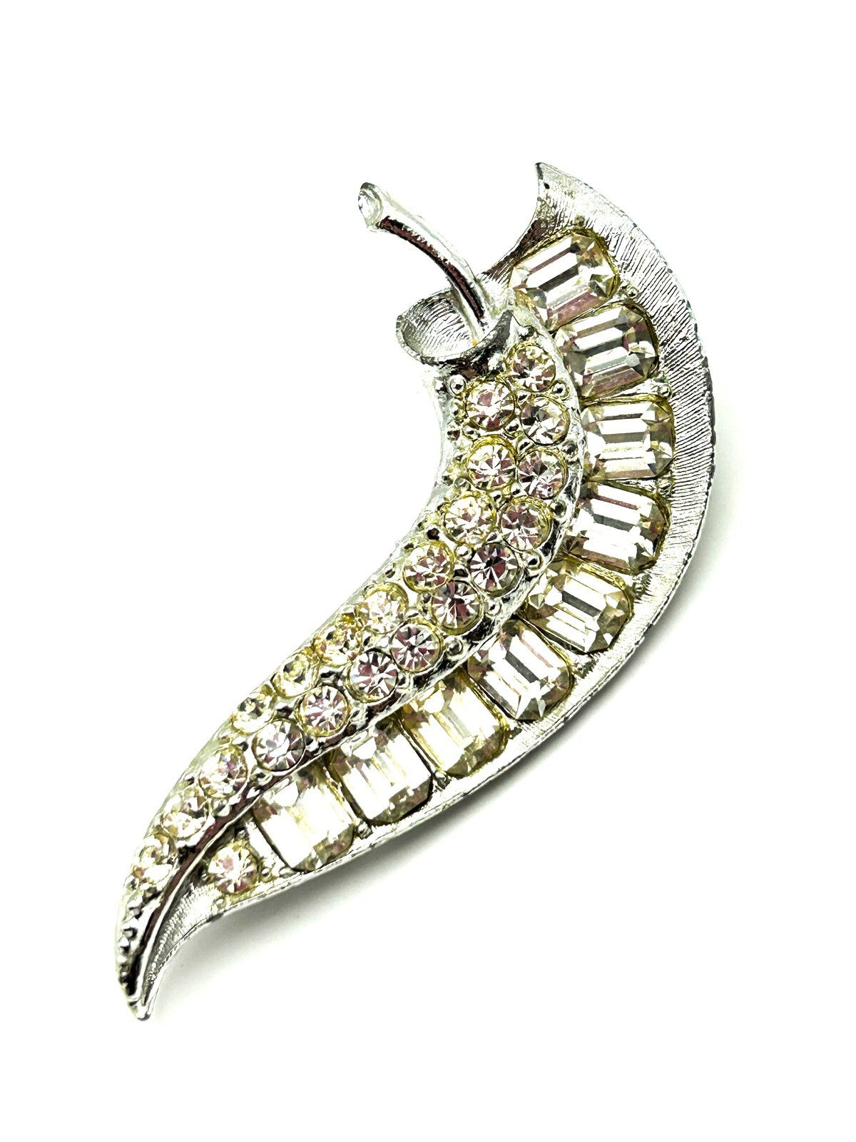 Vintage Silver-Tone Curved Rhinestone Statement Brooch