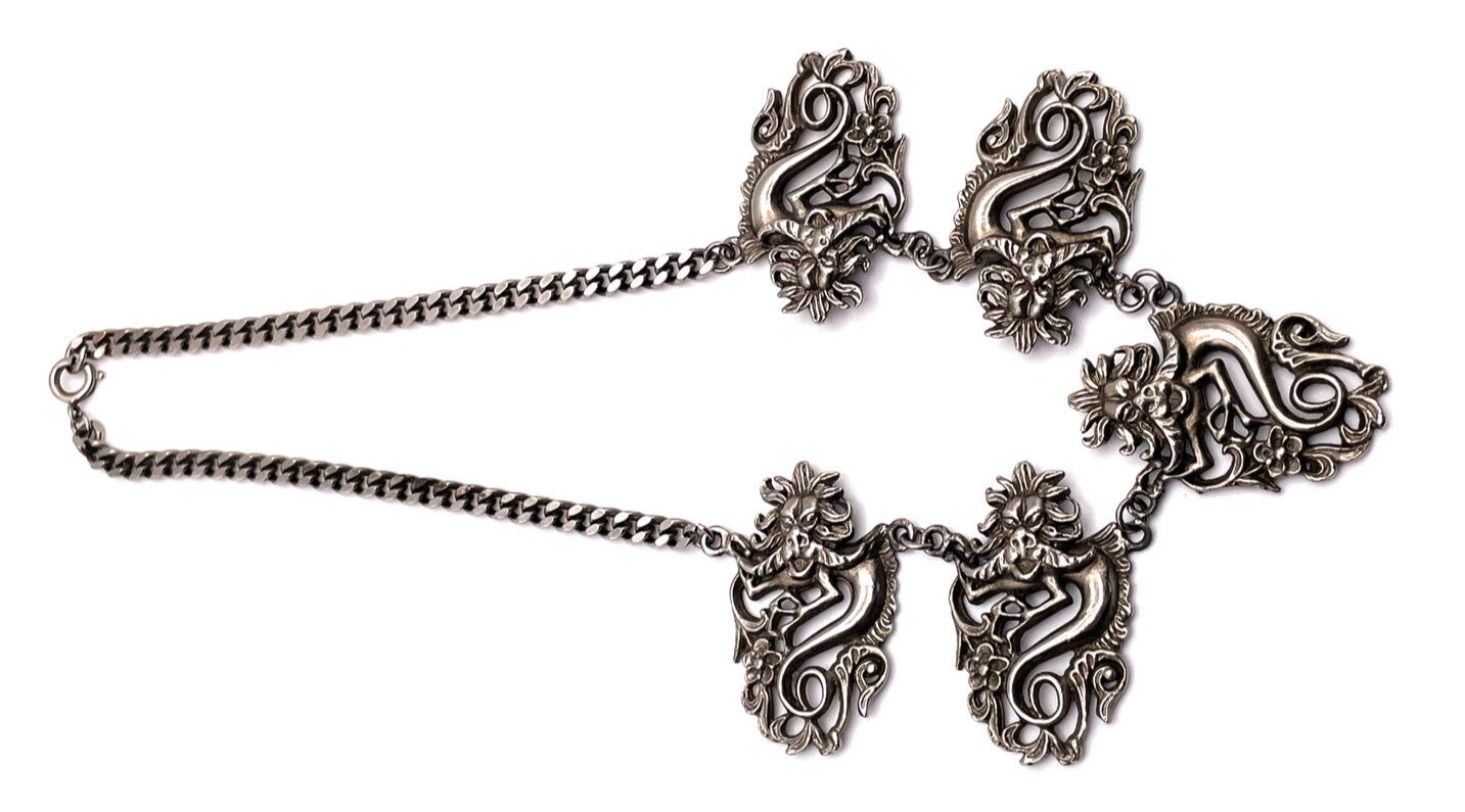 Silver Tone Five Dragon Pendant Necklace – Fantasy Statement, 16”